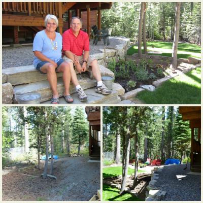 Clockwise from top: Dot and Paul Ingels enjoy their new backyard; After: soil erosion control measures have made this yard usable and river-friendly; Before (photo credits: Kathy Whitlow, Jane Lufkin)